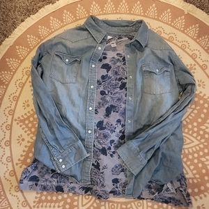 Get the whole look! Size XL floral shirt and size L oversized denim button up